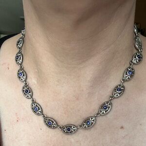 Vintage Style Silver Tone Blue Stone Floral Link Necklace